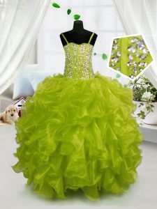 Elegant Yellow Green Lace Up Little Girls Pageant Dress Beading and Ruffles Sleeveless Floor Length