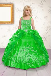 Floor Length Little Girls Pageant Dress Satin Sleeveless Beading and Appliques and Pick Ups