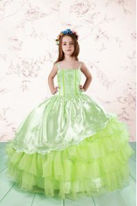 Best Yellow Green Organza Lace Up Spaghetti Straps Sleeveless Floor Length Child Pageant Dress Embroidery and Ruffled Layers