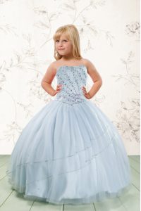 Trendy Strapless Sleeveless Little Girls Pageant Gowns Floor Length Beading Baby Blue Tulle