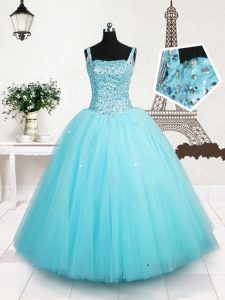 Light Blue Lace Up Straps Beading and Sequins Little Girl Pageant Dress Tulle Sleeveless