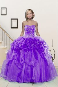 Enchanting Sleeveless Organza Floor Length Lace Up Kids Formal Wear in Lavender with Beading and Pick Ups
