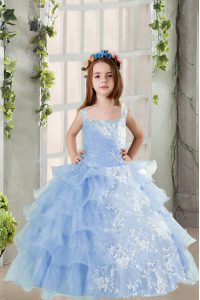 Baby Blue Ball Gowns Spaghetti Straps Long Sleeves Organza Floor Length Lace Up Lace and Ruffled Layers Pageant Gowns For Girls