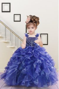 Sleeveless Floor Length Beading and Ruffles Lace Up Little Girls Pageant Dress with Navy Blue