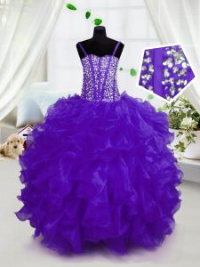 Purple Lace Up Little Girls Pageant Dress Beading and Ruffles Sleeveless Floor Length