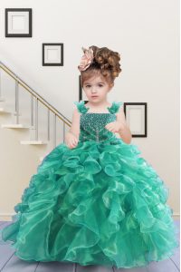 New Style Turquoise Ball Gowns Organza Straps Sleeveless Beading and Ruffles Floor Length Lace Up Girls Pageant Dresses