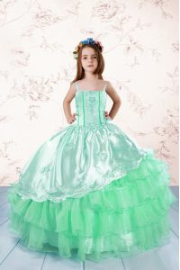 Apple Green Spaghetti Straps Lace Up Embroidery and Ruffled Layers Little Girls Pageant Dress Sleeveless