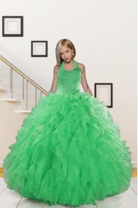 Custom Designed Halter Top Green Sleeveless Floor Length Beading and Ruffles Lace Up Little Girls Pageant Dress Wholesale