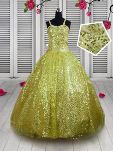 Latest Sequins Floor Length Gold Child Pageant Dress Straps Sleeveless Lace Up