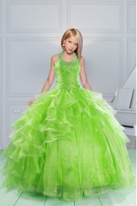 Halter Top Sleeveless Little Girls Pageant Dress Wholesale Floor Length Beading and Ruching Apple Green Organza