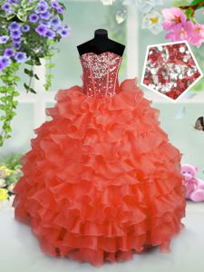 Unique Coral Red Sleeveless Ruffled Layers and Sequins Floor Length Little Girls Pageant Dress Wholesale