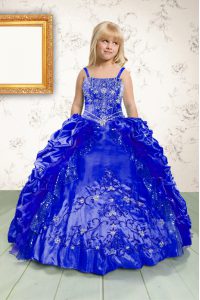 Pick Ups Floor Length Royal Blue Little Girls Pageant Gowns Spaghetti Straps Sleeveless Lace Up