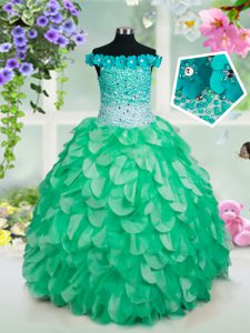 Off the Shoulder Floor Length Lace Up Little Girls Pageant Dress Wholesale Green for Party and Wedding Party with Beading and Hand Made Flower