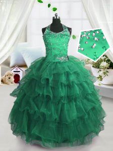 Scoop Floor Length Peacock Green Girls Pageant Dresses Organza Sleeveless Beading and Ruffled Layers