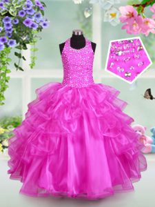 Halter Top Ruffled Fuchsia Sleeveless Organza Lace Up Little Girls Pageant Dress Wholesale for Party