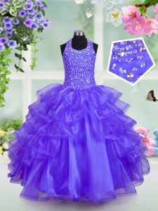 Perfect Blue Halter Top Lace Up Beading and Ruffled Layers Pageant Gowns For Girls Sleeveless
