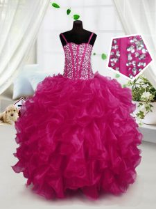 Hot Pink Lace Up Spaghetti Straps Beading and Ruffles Girls Pageant Dresses Organza Sleeveless