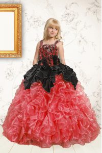 Most Popular Straps Sleeveless Lace Up Pageant Gowns For Girls Black and Orange Organza