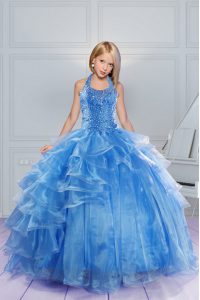 Inexpensive Halter Top Baby Blue Sleeveless Floor Length Beading and Ruffles Lace Up Pageant Gowns For Girls
