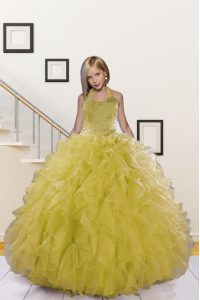 Light Yellow Ball Gowns Halter Top Sleeveless Organza Floor Length Lace Up Beading and Ruffles Little Girl Pageant Gowns