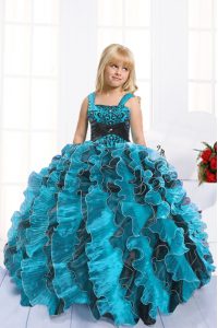 Straps Sleeveless Child Pageant Dress Floor Length Beading and Ruffles Turquoise Organza