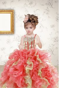 Multi-color Lace Up Little Girl Pageant Dress Beading and Ruffles and Sequins Sleeveless Floor Length