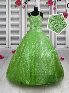 New Style Apple Green Lace Up Little Girl Pageant Gowns Beading and Sequins Sleeveless Floor Length