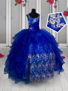 Adorable Organza Straps Sleeveless Lace Up Appliques Little Girls Pageant Dress Wholesale in Blue