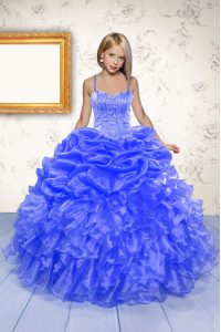 Blue Ball Gowns Beading and Ruffles and Pick Ups Girls Pageant Dresses Lace Up Organza Sleeveless Floor Length