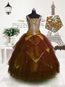 Simple Brown Straps Neckline Beading and Belt Pageant Gowns For Girls Sleeveless Lace Up