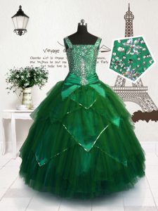 Stylish Floor Length Dark Green Little Girl Pageant Gowns Straps Sleeveless Lace Up