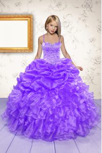 Attractive Beading and Ruffles and Pick Ups Little Girl Pageant Dress Eggplant Purple Lace Up Sleeveless Floor Length