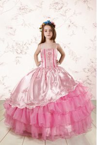 Floor Length Lace Up Little Girls Pageant Gowns Rose Pink for Party and Wedding Party with Embroidery and Ruffled Layers