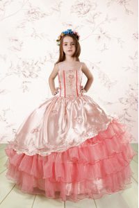Affordable Organza Spaghetti Straps Sleeveless Lace Up Embroidery and Ruffled Layers Little Girl Pageant Dress in Baby Pink