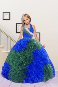 Halter Top Sleeveless Lace Up Pageant Gowns For Girls Blue and Dark Green Fabric With Rolling Flowers