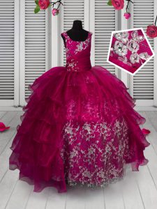 Ruffled Floor Length Fuchsia Pageant Gowns For Girls Straps Sleeveless Lace Up