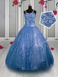 Custom Designed Sleeveless Lace Up Floor Length Sequins Child Pageant Dress