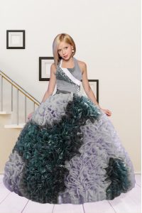 Top Selling Halter Top Dark Green and Silver Sleeveless Floor Length Beading and Ruffles Lace Up Little Girl Pageant Gowns