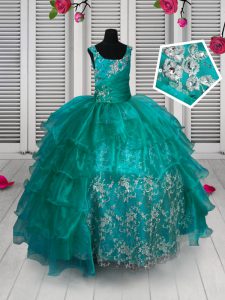 Simple Organza Straps Sleeveless Lace Up Appliques and Ruffled Layers Little Girl Pageant Dress in Turquoise