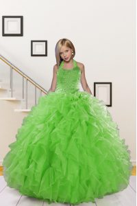 Hot Sale Halter Top Floor Length Lace Up Little Girl Pageant Dress Green for Wedding Party with Beading and Ruffles