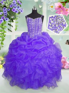 Floor Length Lavender Little Girl Pageant Gowns Organza Sleeveless Beading and Ruffles and Pick Ups