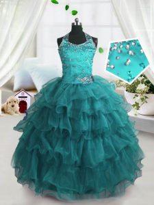 Turquoise Organza Lace Up Spaghetti Straps Sleeveless Floor Length Child Pageant Dress Beading and Ruffled Layers