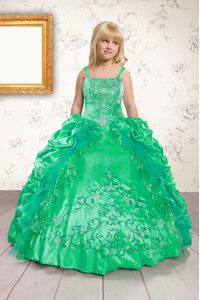 Customized Pick Ups Ball Gowns Kids Pageant Dress Green Spaghetti Straps Satin Sleeveless Floor Length Lace Up
