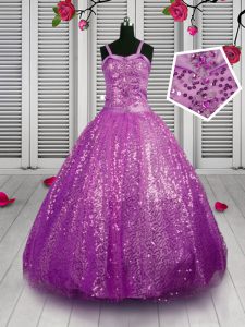 Purple Ball Gowns Straps Sleeveless Sequined Floor Length Lace Up Beading and Sequins Little Girl Pageant Gowns