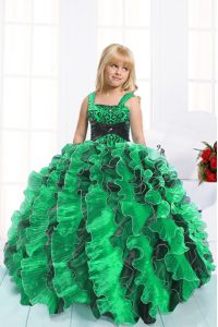 Green Organza Lace Up Straps Sleeveless Floor Length Little Girls Pageant Dress Wholesale Beading and Ruffles