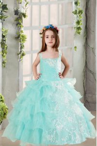 Sleeveless Lace Up Floor Length Lace and Ruffled Layers Kids Pageant Dress