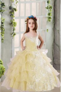 Perfect Sleeveless Lace Up Floor Length Lace and Ruffled Layers Little Girls Pageant Gowns