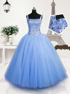 Stunning Sequins Baby Blue Sleeveless Tulle Lace Up Pageant Gowns For Girls for Party and Wedding Party