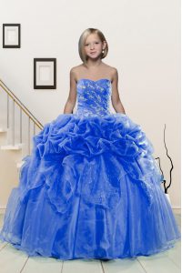 Attractive Blue Ball Gowns Beading and Pick Ups Pageant Gowns For Girls Lace Up Organza Sleeveless Floor Length
