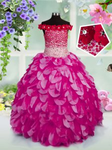Fuchsia Ball Gowns Organza Off The Shoulder Sleeveless Beading and Hand Made Flower Floor Length Lace Up Little Girls Pageant Gowns
